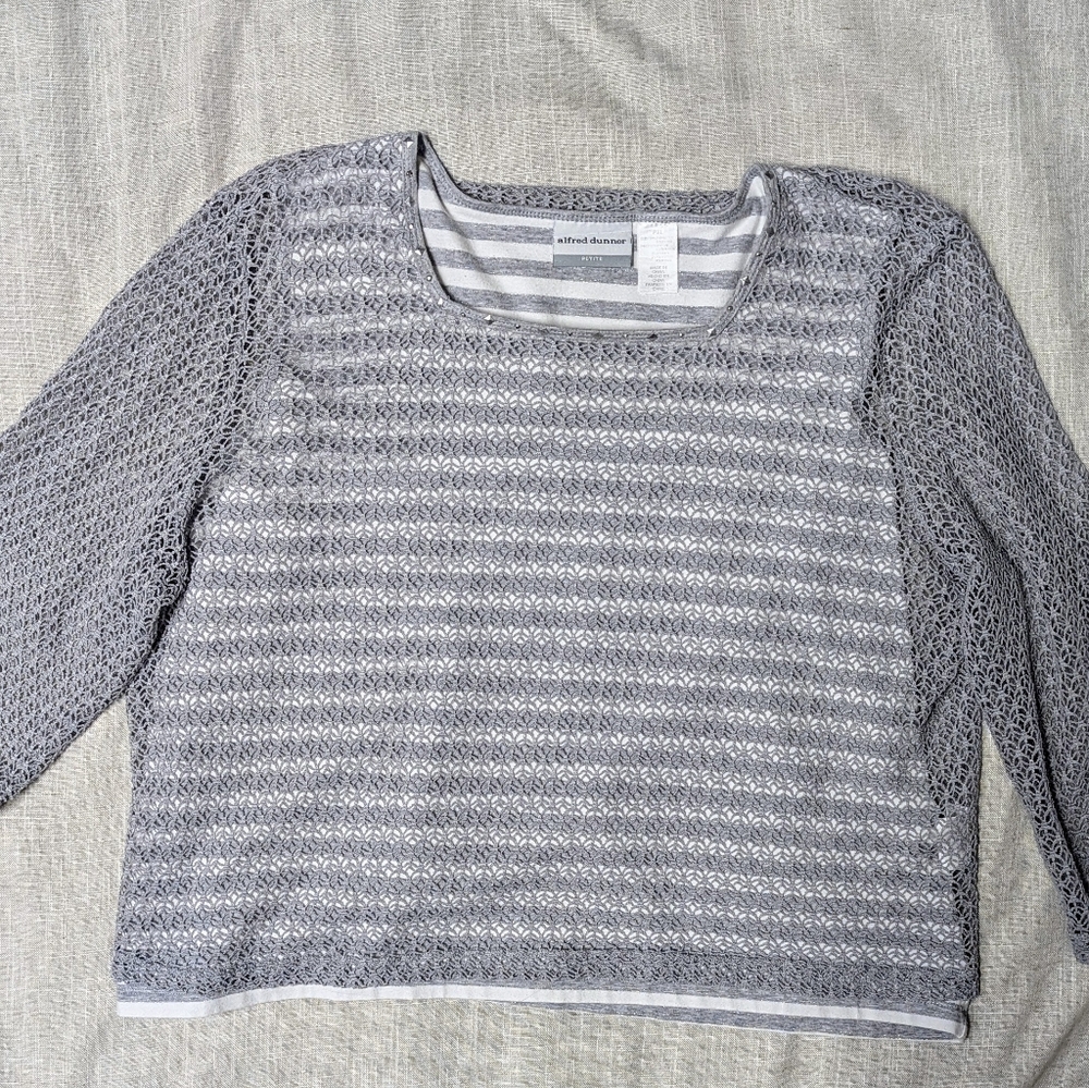 Alfred Dunner XLP 2 Layer White Gray Striped Tank Top Open Knit Square Neck